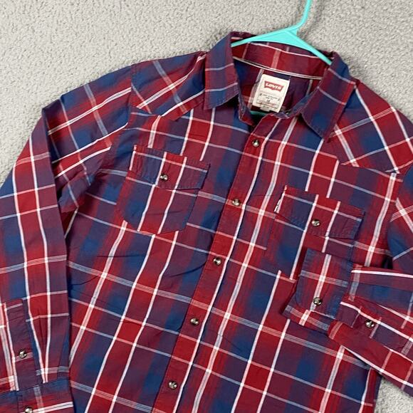 Levi's Men's M Red Blue Plaid Modern Fit Western Snap Button Down Shirt Rodeo - Picture 1 of 10